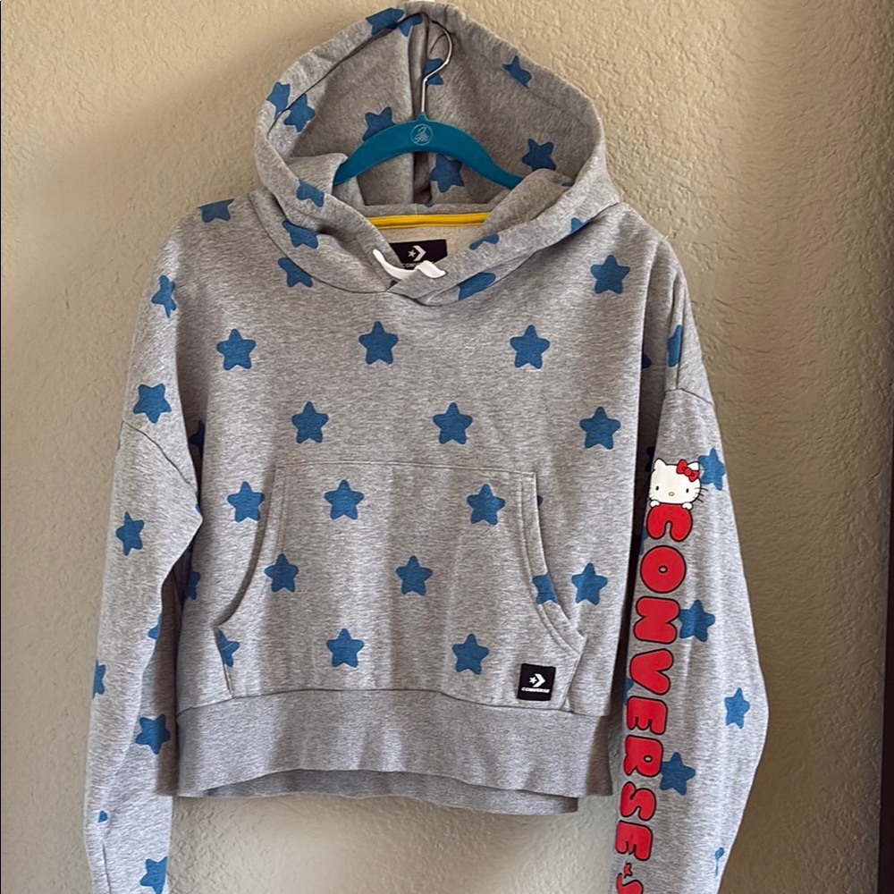 Converse Hello Kitty Women’s Gray Hoodie with Blue Stars and Red Sleeve Detail